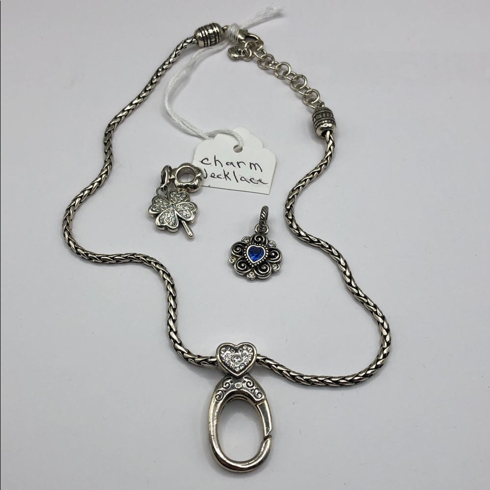Brighton Abc Clip On Charm Hook Necklace (retired) 2 Free Charms Clover Heart.